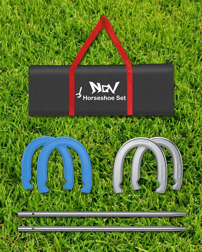NQV Horseshoe Outdoor Game Set ?“Horse Shoe Game Kit,Sports Horseshoes Sets, Includes 4 Steel Horseshoes, 2 Metal Stakes & Carry Bag ??Perfect for Lawn, Backyard, or Tailgating
