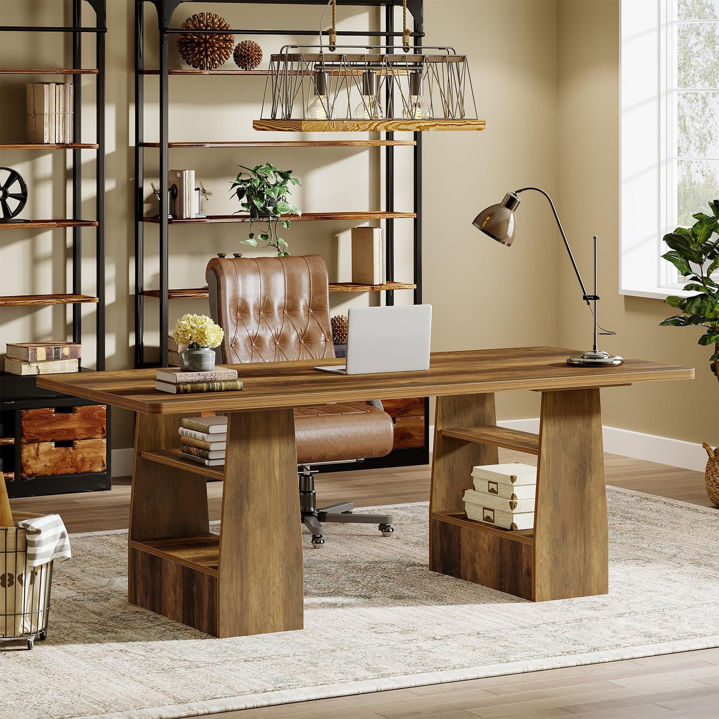 Tribesigns 63 Inch Executive Desk with 4 Storage Shelves, Office Desk with Faux Natural Textured, Large Wooden Computer Writing Table Business Furniture for Home Office (Brown)