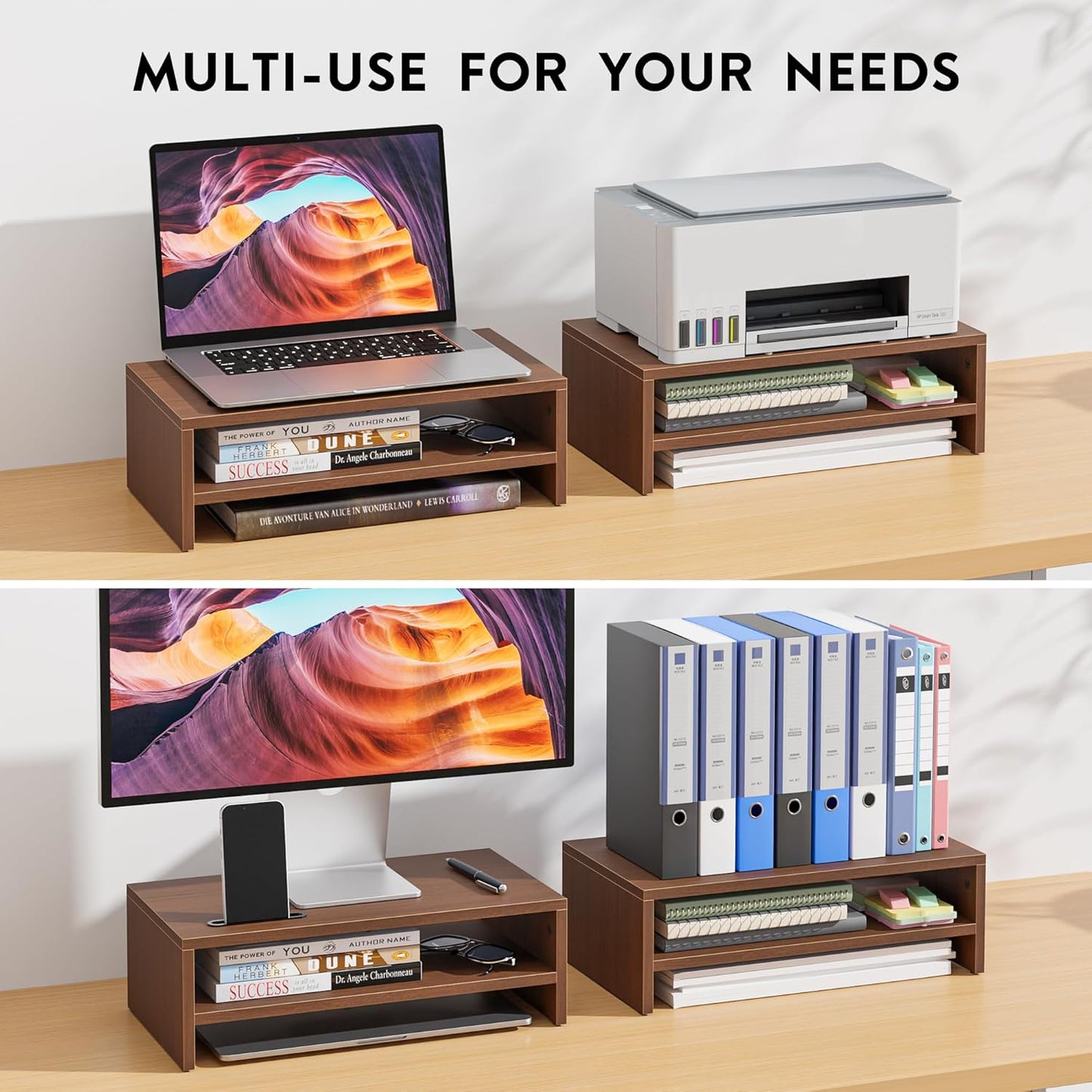 2-Tier 16.5 Inch BONTEC Wooden Monitor Stand Riser, Desk Shelf with Storage Organizer, Ergonomic Computer Stand