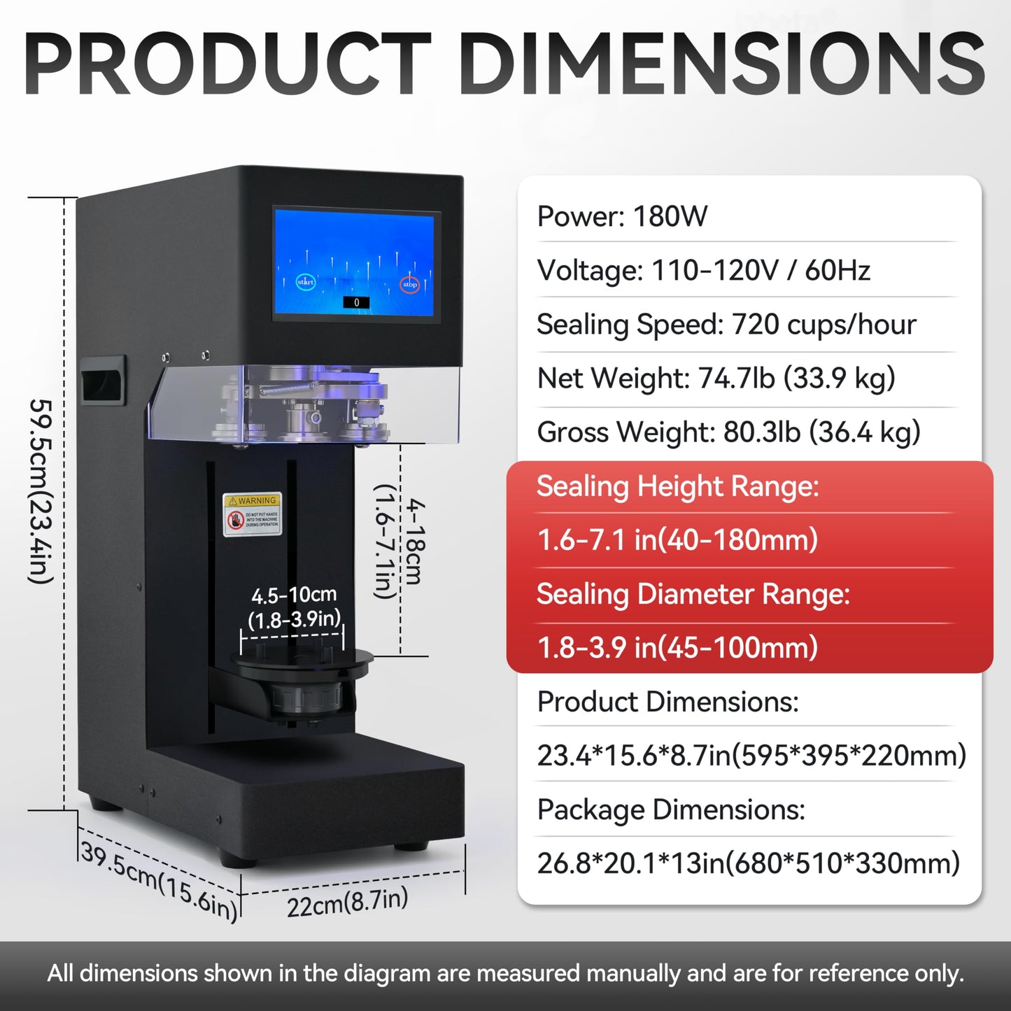 Vtsmax Commercial Automatic Soda Can Sealer Machine 55mm (2.2in) Canning Machine for Drinks, Suitable for Plastic & Aluminum Cans, Auto Height-Sensing 40-180mm, Adjustable Base 45-100mm, LED Counter
