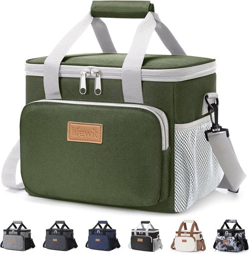 Lifewit Insulated Lunch Bag - Soft Cooler Tote for Adults | 12-Can Capacity, Gray and Green