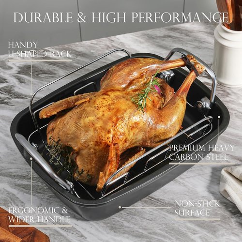 KITESSENSU Nonstick Turkey Roasting Pan - Heavy Duty 17 x 14 Inch Chicken Roaster with Rack - Gold Finish