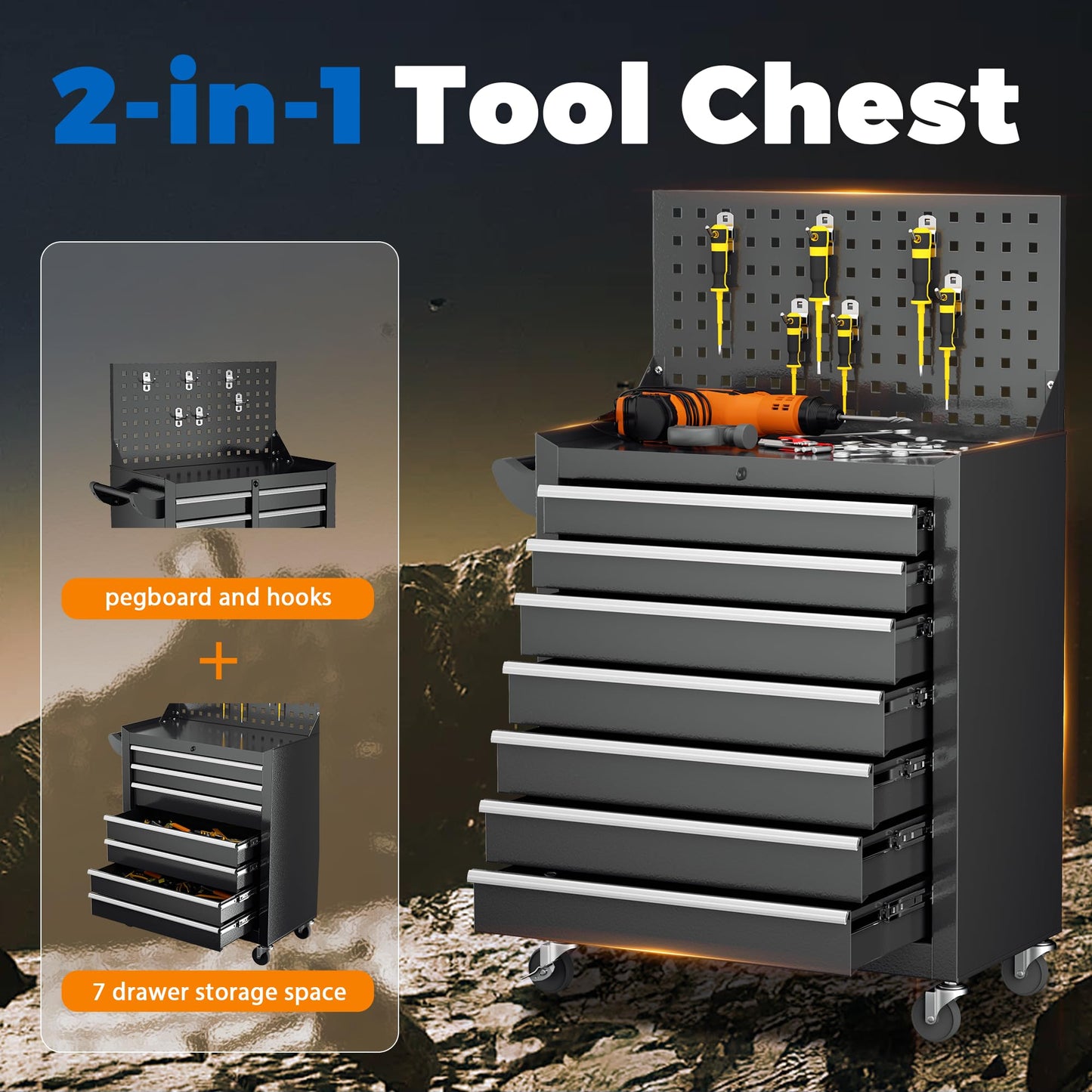 INTERGREAT 7 Drawers Rolling Tool Chest with Pegboard, Metal Tool Chest with Drawers, Tool Storage Cabinet with Wheels for Garage, Workshop, Repair Shop, Black