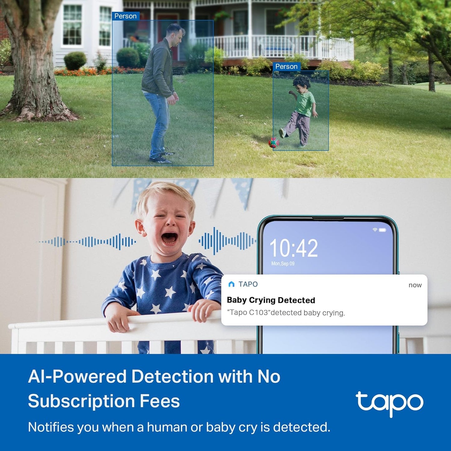 Tapo 1080p IP65 Indoor/Outdoor Security Camera - Free Person/Motion/Baby Cry Detection, Color Night Vision
