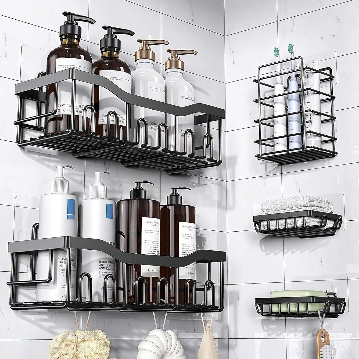 Skiennix Shower Caddy Adhesive Hooks - Strong Waterproof Strips for No-Drill Bathroom & Kitchen Storage | 14 Pack