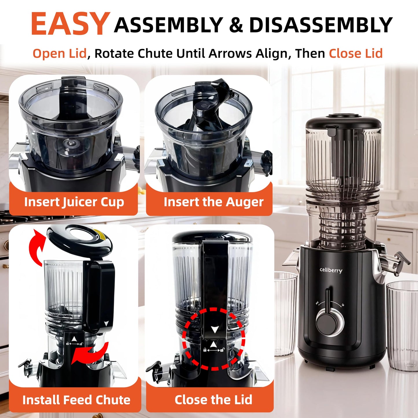 celiberry Cold Press Juicer Machines, 5.3” Large Feed Chute Slow Masticating Juicer for Whole Fruits & Vegetables, Easy Clean, 300W Quiet Juice Extractor, 99% High Juice Yield, Black