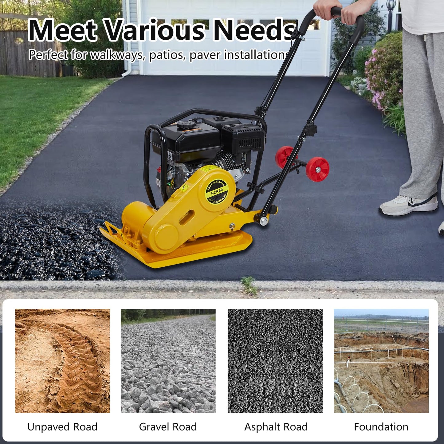 7HP Plate Compactor, 212CC Gas Engine, 4200lbs Power Jumping Jack Tamper, 22.1x15.9 in Plate Compaction Force Rammer Jumping Jack Tamper, 5600 VPM Pavement Compactor for Asphalts, Walkway