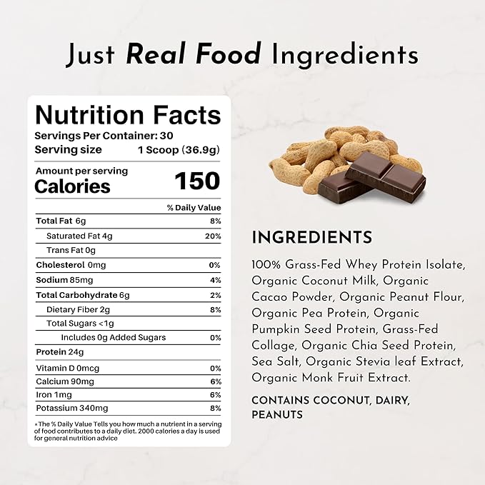 JUST INGREDIENTS Creamy Peanut Butter Chocolate Protein Powder ??30-ServingBlend with Grass-Fed Whey, Pea, Pumpkin Seed, Chia & Collagen ??No Sugar Added ??No Gums 24g Protein