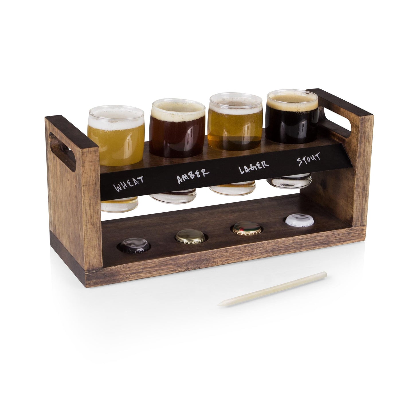 PICNIC TIME Craft Beer Flight Beverage Sampler, Beer Glasses Set, Gifts for Men, Bar Glasses Drinking Set with Carry Handles, Hollowed Areas, and Chalkboard Panel for Home and Bar, (Acacia Wood)