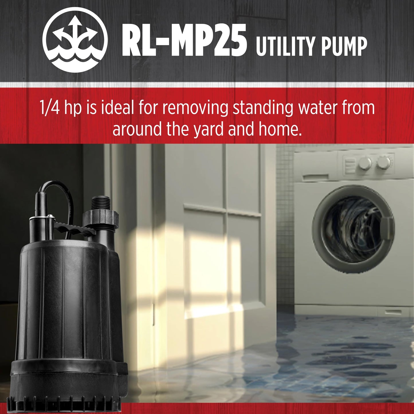 Red Lion RL-MP25 115 Volt, 1/4 HP, 2200 GPH Manual Thermoplastic Submersible Utility Pump, 8-Ft. Cord, Black, 14942732