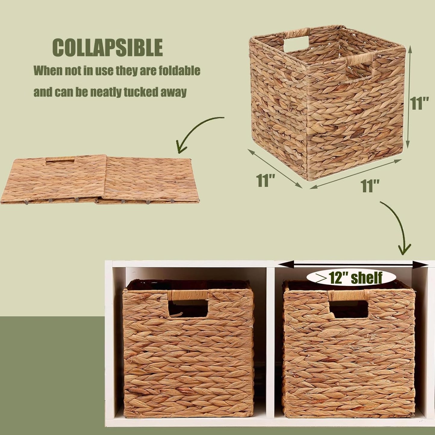 Regine Switzerland Storage Baskets - 4 Pcs Foldable Handwoven Water Hyacinth Bins | 11x11in Square Design for Laundry Organization