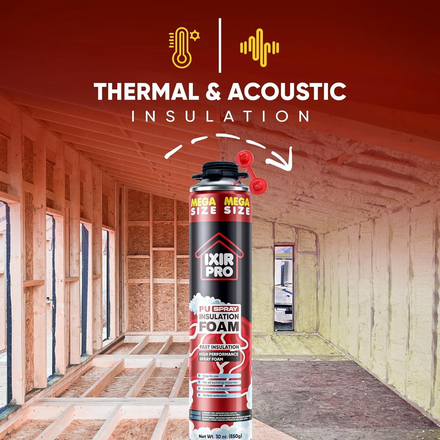 ixirpro Spray Foam Insulation Kit (18 PK Kit-30oz) Expanding Sealant, Spray Foam, Mega Size Closed Cell Heat Acoustic Insulation, High Density, Cleaner, Gun