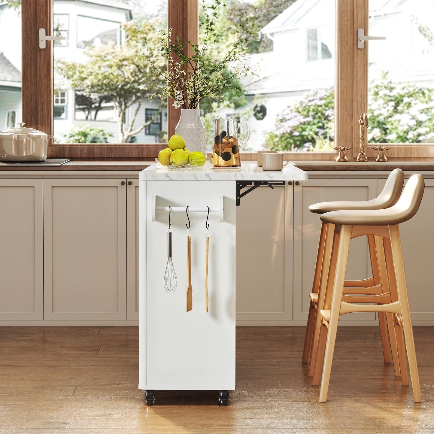 weselon 47" Mobile Kitchen Island with Storage & Drop Leaf, Rolling Kitchen Cart on Wheels with 2 Drawers, Adjustable Shelves, Towel Rack & Hooks, Faux Marble Top Island Table for Kitchen (White)