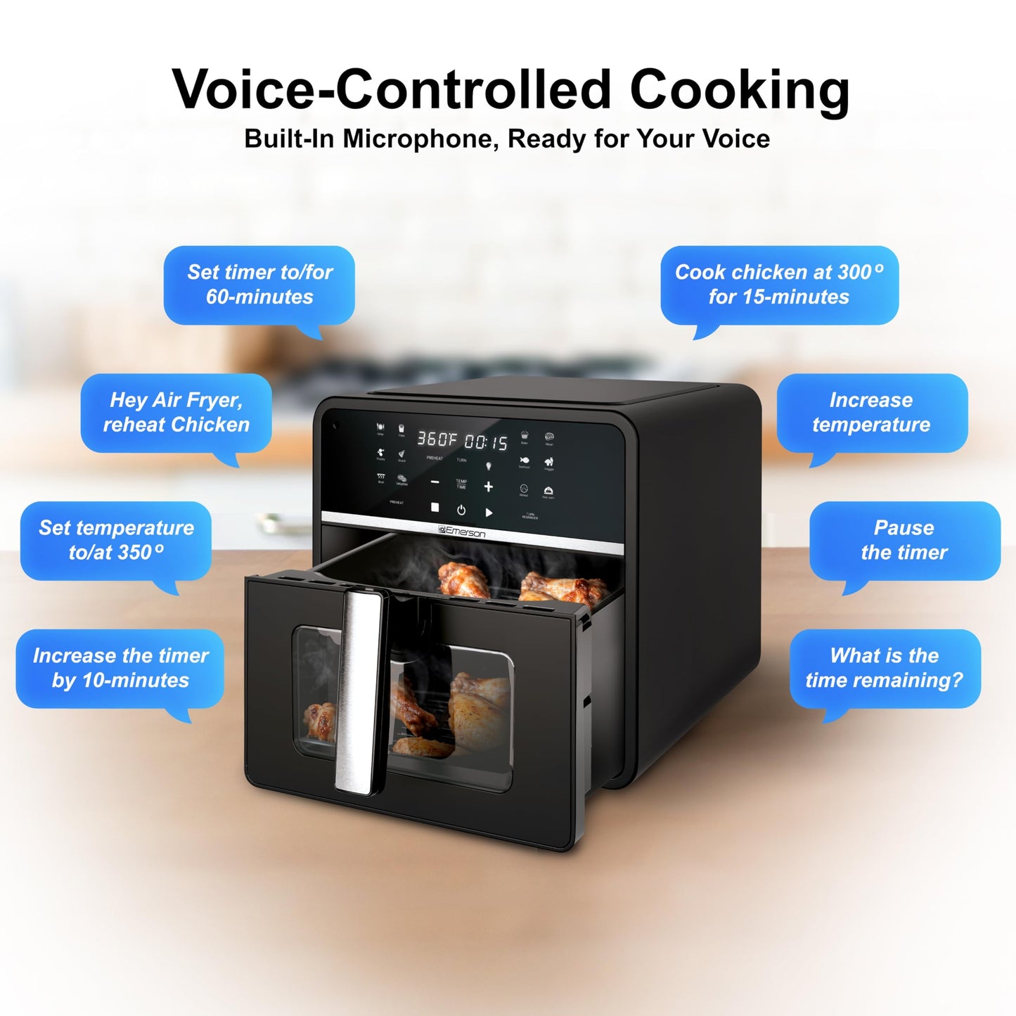 Emerson SmartVoice 10QT 6-in-1 Air Fryer, 1000+ Voice Control Commands, 100+ Recognized Food, No APP, No WIFI, No Setup, Nonstick Basket, Air Fry, Bake, Reheat, Dehydrate, 1700W