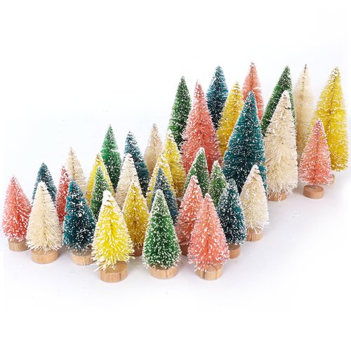 Christmas Decorations Mini Christmas Tree 35pcs,Mini Miniature Christmas Pine Tree Bottle Brush Trees Wooden Bases Tree for Your Village Desktop Xmas Holiday Party (Pink+Yellow+Blue+Green+Beige)