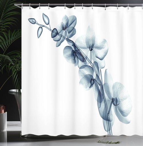 Ambesonne Flower Shower Curtain, Contemporary X-ray Illustration of Orchide Flower Unseen Nature Picture, Cloth Fabric Bathroom Decor Set with Hooks, 69" W x 70" L, White Teal