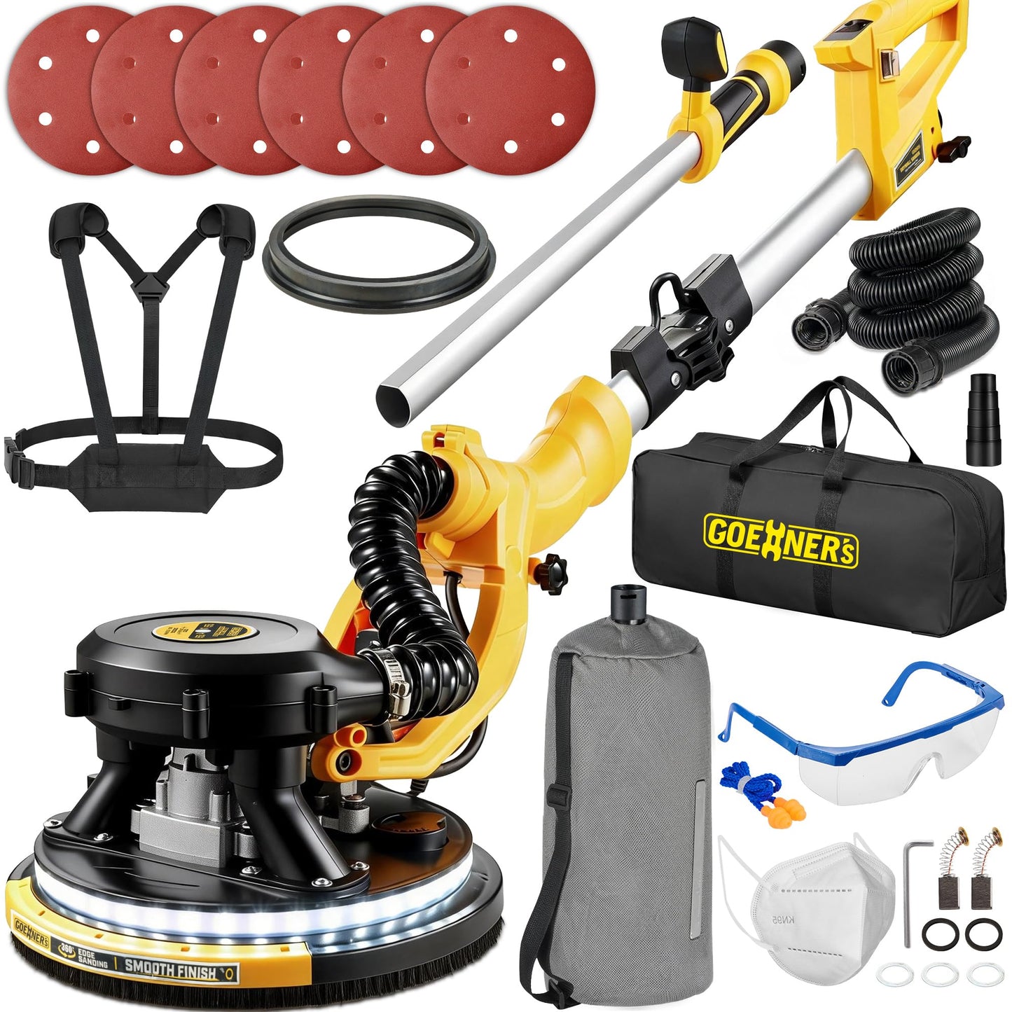 Drywall Sander, 950W 8.5A Electric Drywall Sander with Vacuum Dust Collector, 9 Variable Speed 800-2100RPM, 26FT Power Cord, Wall Sander for Popcorn Ceiling, Pole Sander for Drywall (Yellow)