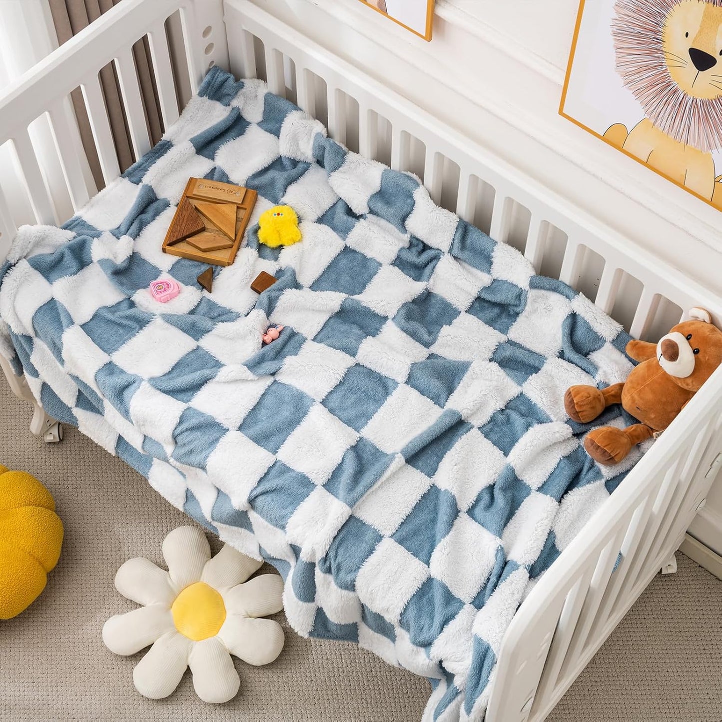 Skiennix Fleece Baby Blanket - 3D Checkerboard Design, Cozy & Warm for Infants | 30x40 Inches, Blue