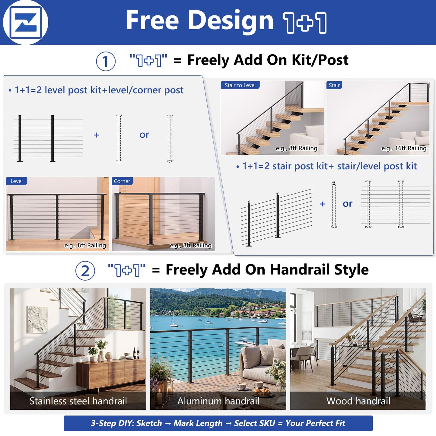 Zylorix Modular 12-24FT Swageless Cable Railing System Post Kit 36" with 4 Heavy-Duty T304 Stainless Steel Level Post, Patent Reusable Cable Railing Kit, Modular Outdoor Finish(No Handrail), Black