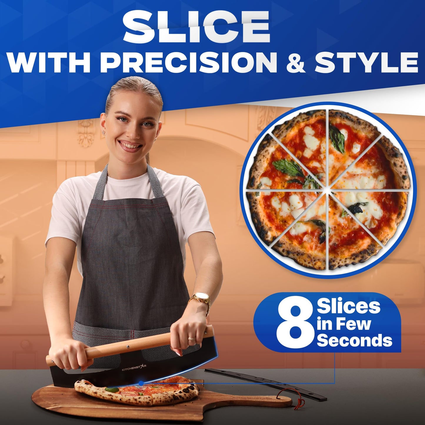KitchenStar Pizza Cutter Rocker Blade 16" Black + Wooden Pizza Peel 16" + Pizza Stone for Oven and Grill 16" with Handles - Pizza Making Bundle