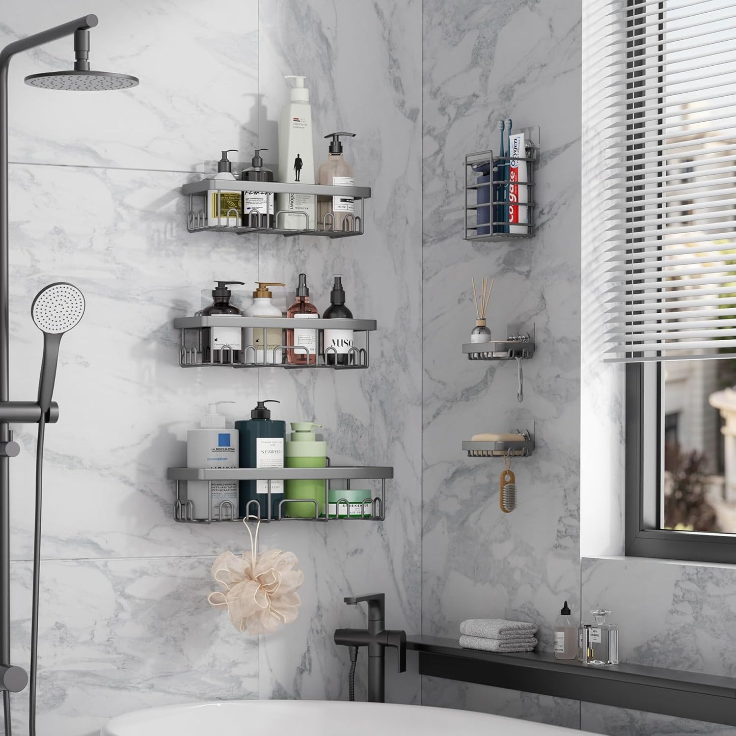 Veken Shower Caddy - 6-Pack Rustproof Waterproof Adhesive Shelves | Large Capacity Bathroom Organizers - Light Grey