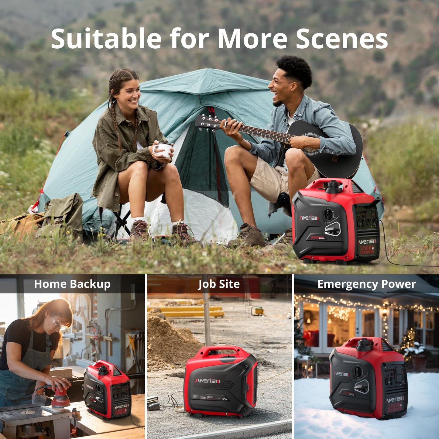 AMERISUN 2500-Watt Inverter Generator, Super Quiet & Lightweight Gas Powered Generator, CO Sensor, RV Ready Parallel Capable, Long Run Time for Camping, Tailgating and Home Use