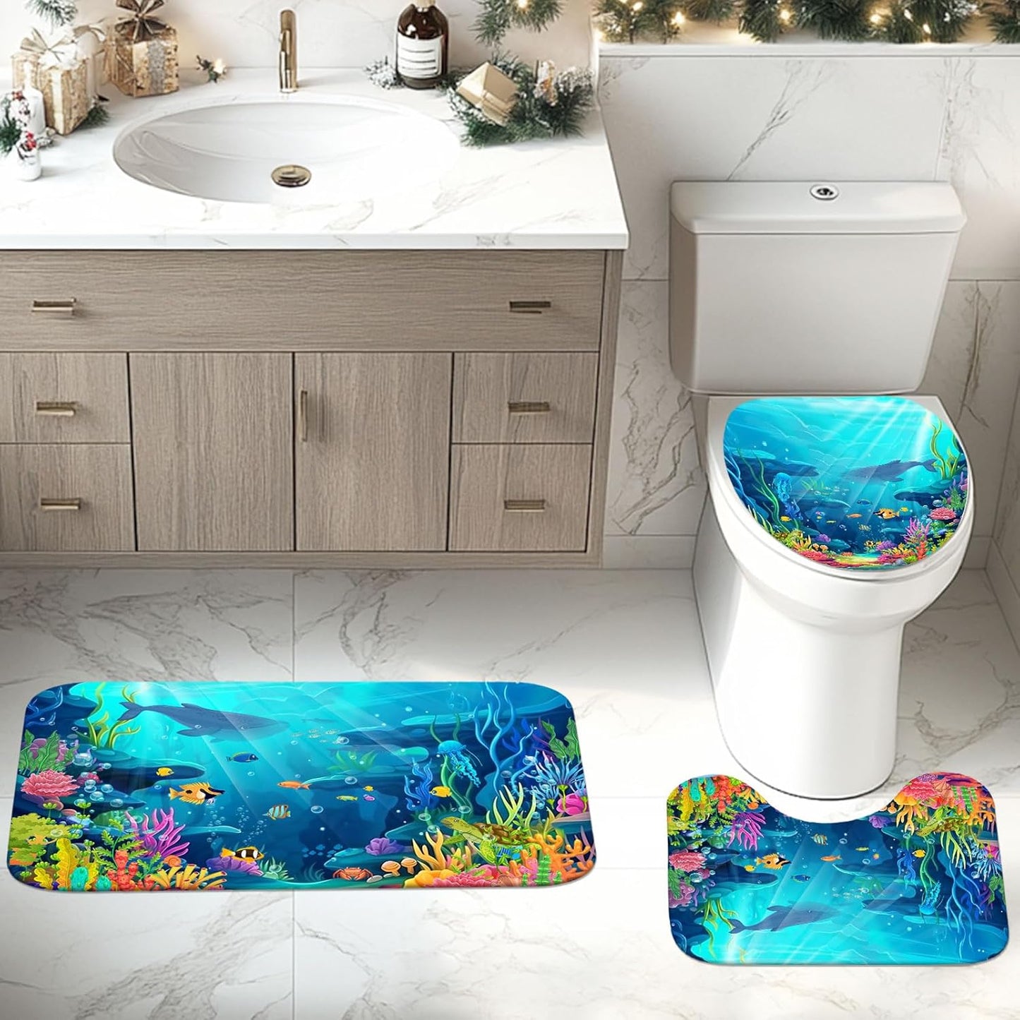 Skiennix 4-Piece Ocean Shower Curtain Set - Tropical Underwater Kids Decor with Non-Slip Bath Rugs & Toilet Lid Cover