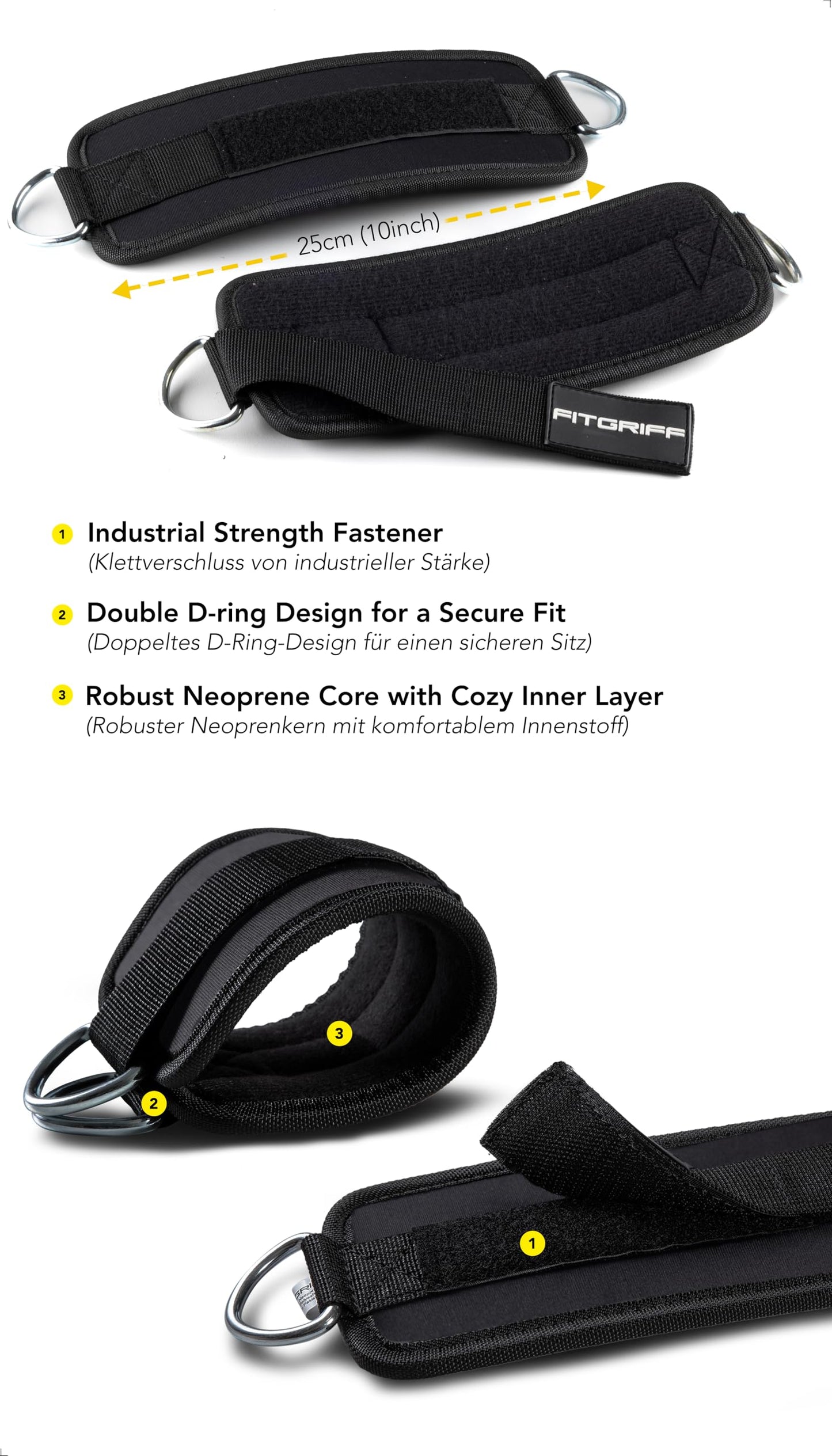Fitgriff® Ankle Straps V1 for Cable Machine (2 Pieces) - Gym Workout Equipment - Leg Pulley Attachment, Kickback Straps (Black)