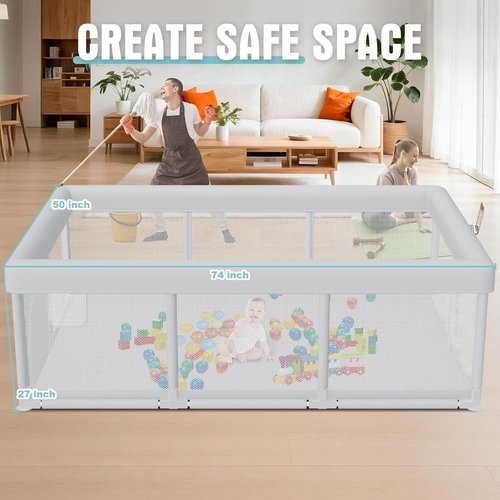 Hiaksedt Baby Playpen - 74x50 Inch Indoor & Outdoor Play Yard with Breathable Mesh Safety Features