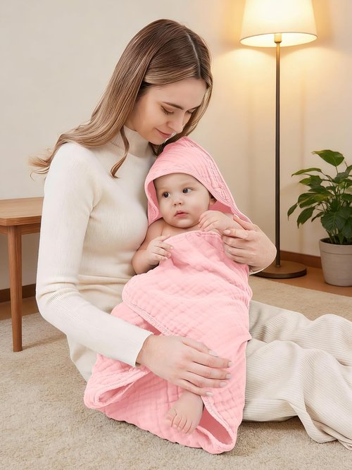 Muslin Hooded Baby Bath Towels - Ultra-Soft 100% Cotton | 3 Pack, 32x32 Inch, Quick-Dry, Pink Series