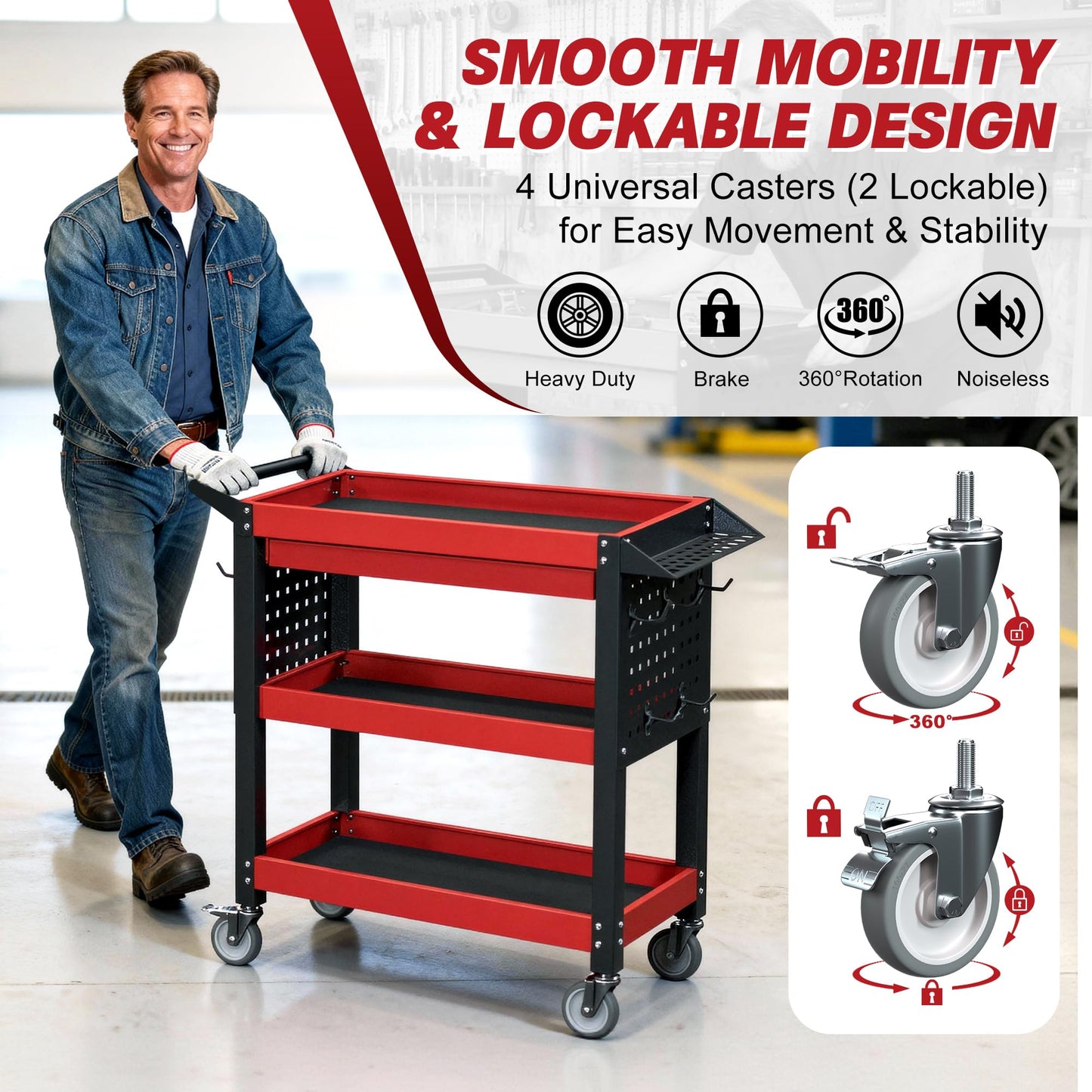 XCX 3 Tier Tool Cart on Wheels, Heavy Duty Metal Rolling with Drawers and Pegboards, 660 LBS Load Capacity Tool Storage Cart, Industrial Utility for Garage, Warehouse, Workshop