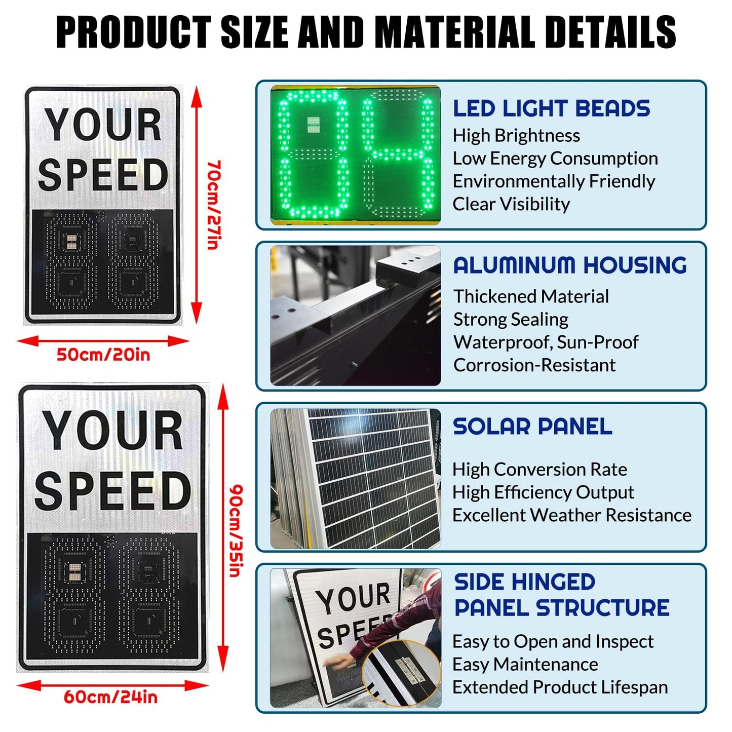 Speed Display Radar Traffic Sign, 20"x27"/24"x35" Solar Radar Speed Warning Sign, Remote Control Adjustable Speed Limit with Full Accessories(24inx35in)