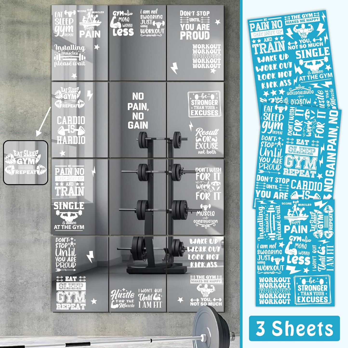 22 PCS Gym Mirror Vinyl Decals Motivational Gym Wall Decal Exercise Inspiring Self Affirmation Decals Positive Fitness Home Decor for Glass Mirror Stickers Peel and Stick Workout Room Crafts Supplies
