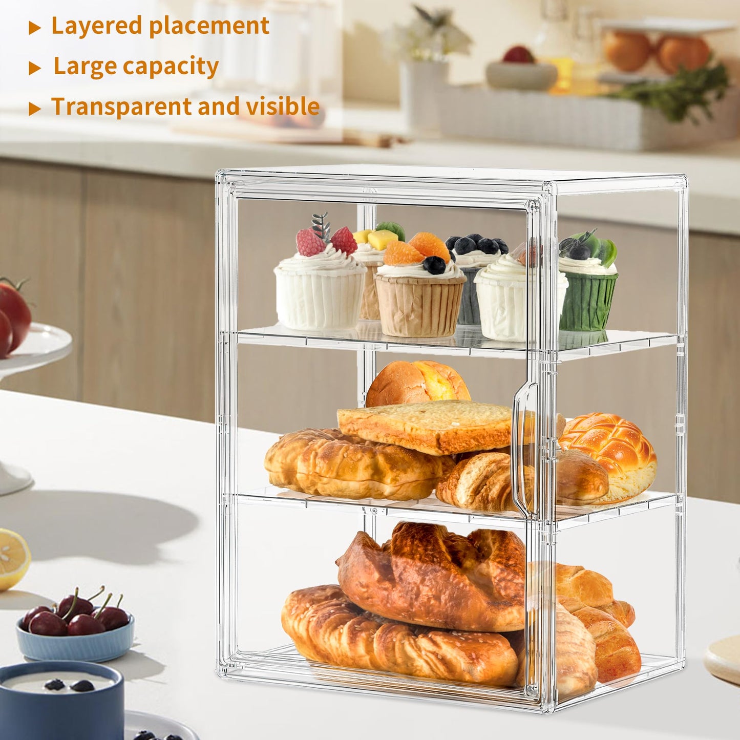 SANKEU Bakery Pastry Display Case 3 Layer Large Clear Bread Box For Kitchen Countertop Bread Storage For Homemade Bread, 10.6" L x 8.7" W x 14.2" H, 1 Pack