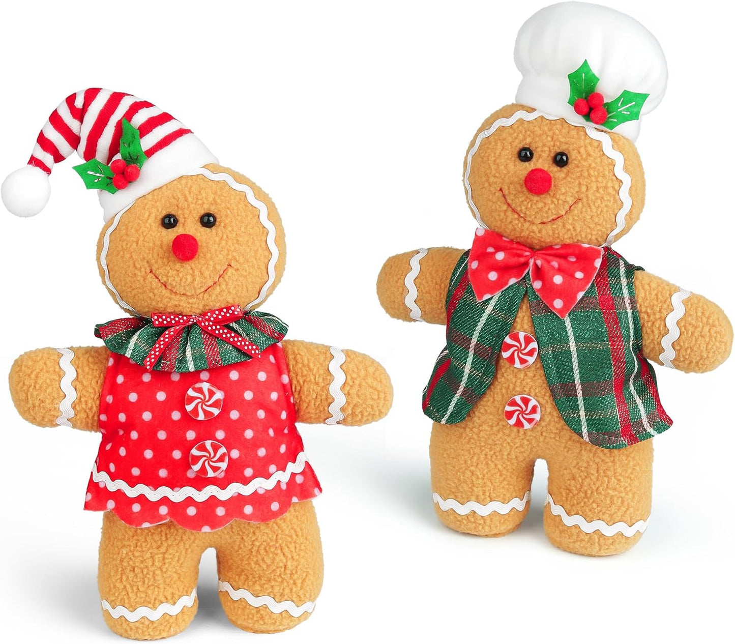 D-FantiX Gingerbread Man Plush Doll Set - 2 Handmade Stuffed Animal Toys for Christmas Decor