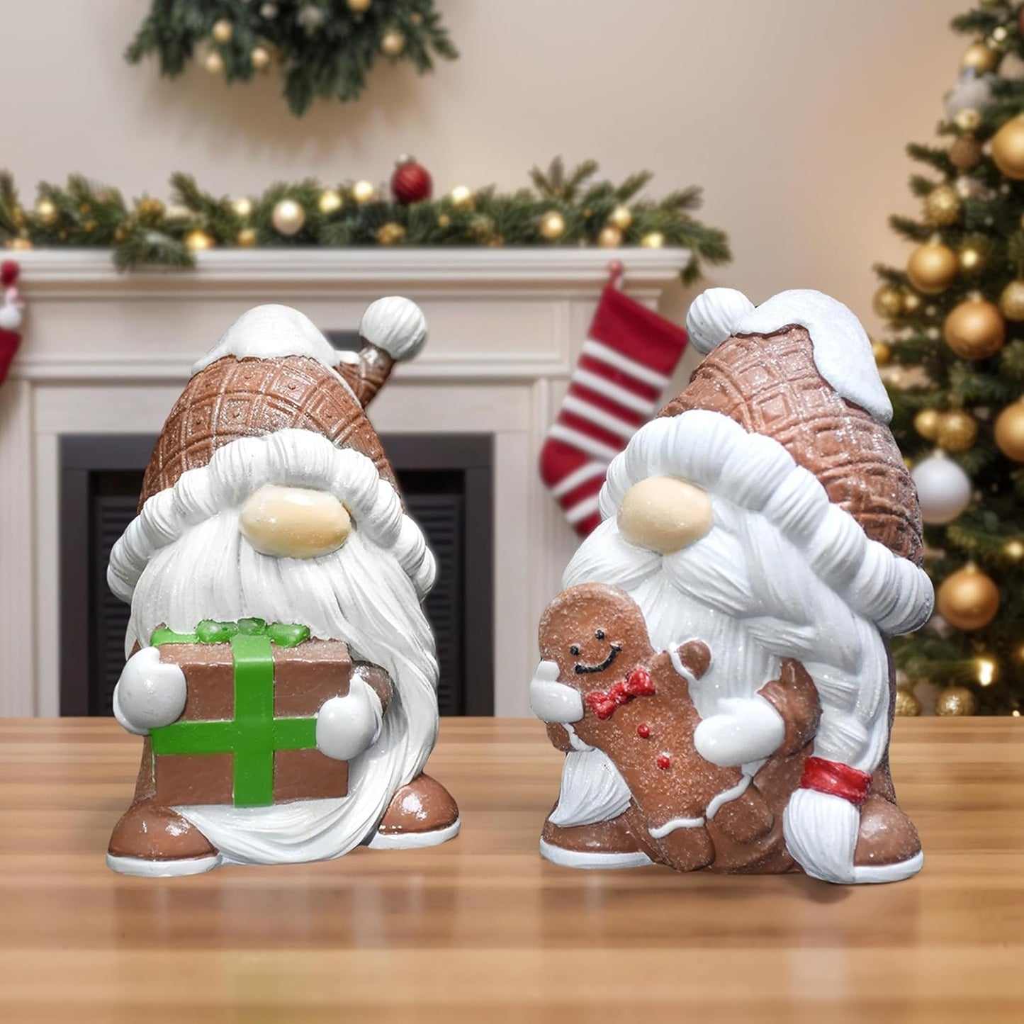 Skiennix Gnome Christmas Decorations - 2Pcs Resin Gingerbread Gnomes Figurines | 4.5 Inch Indoor Table Decor Gifts for Women