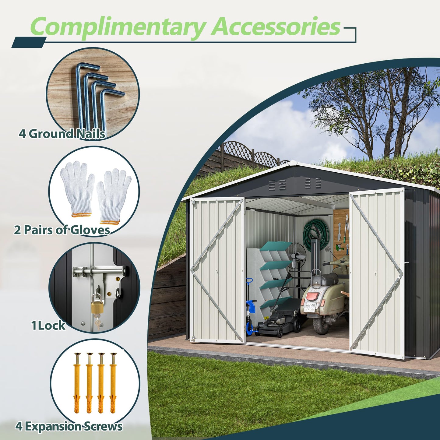 10'x10' Galvanized Steel Storage Shed with 4 Top Air Vents, Lockable Double French Door Large Garden Tool Shed, Black