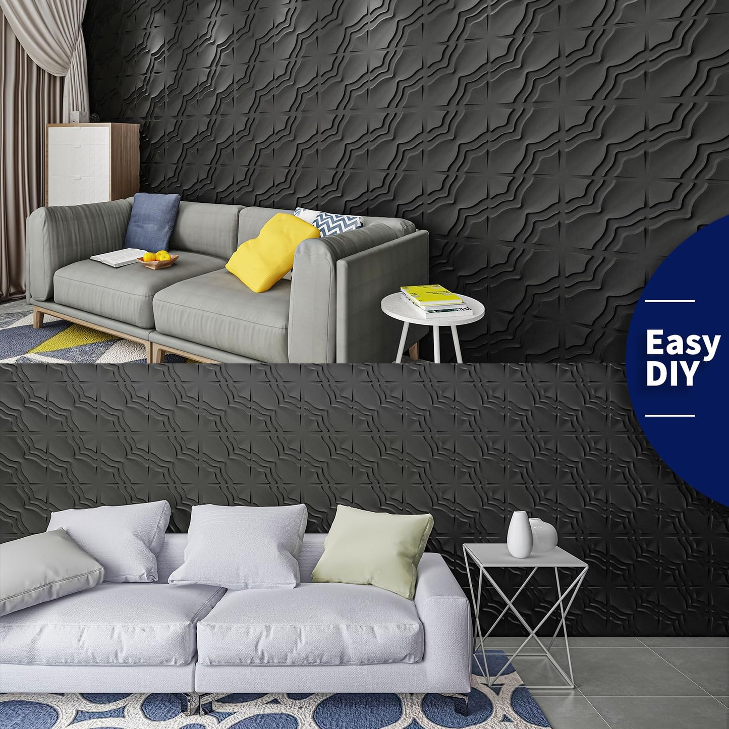 Art3dwallpanels 33 Pack 3D Wall Panel, 2 Different Effects PVC Textured Wall Panels for Interior Wall Décor, 12 x12 Inch Cover 32.Sq.Ft, Black