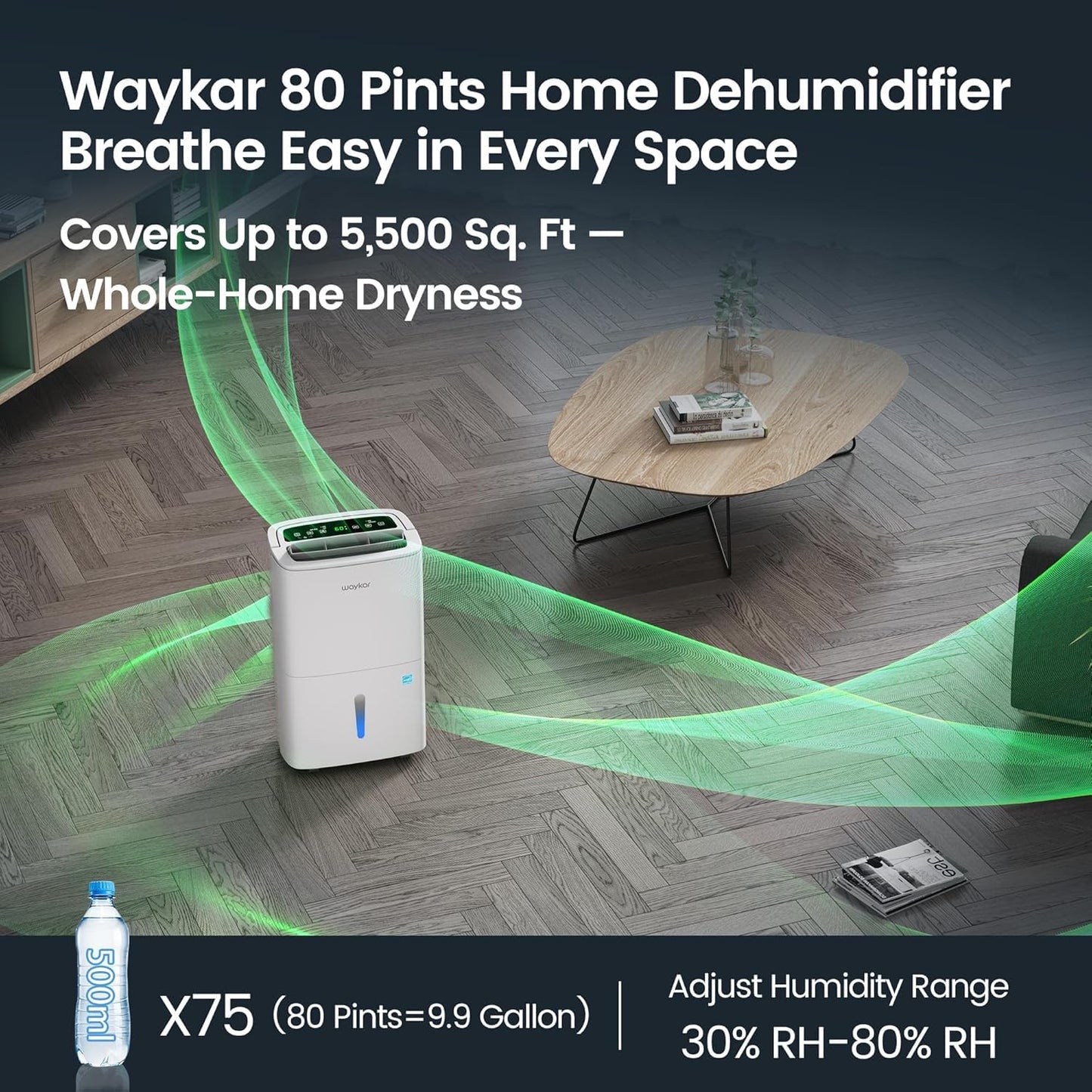 Waykar 5,500 Sq. Ft. 80 Pints 2025 Energy Star Dehumidifier for Home and Basement with Auto or Manual Drainage, Ideal for Large Rooms, Portable, Auto Defrost and Self-Drying