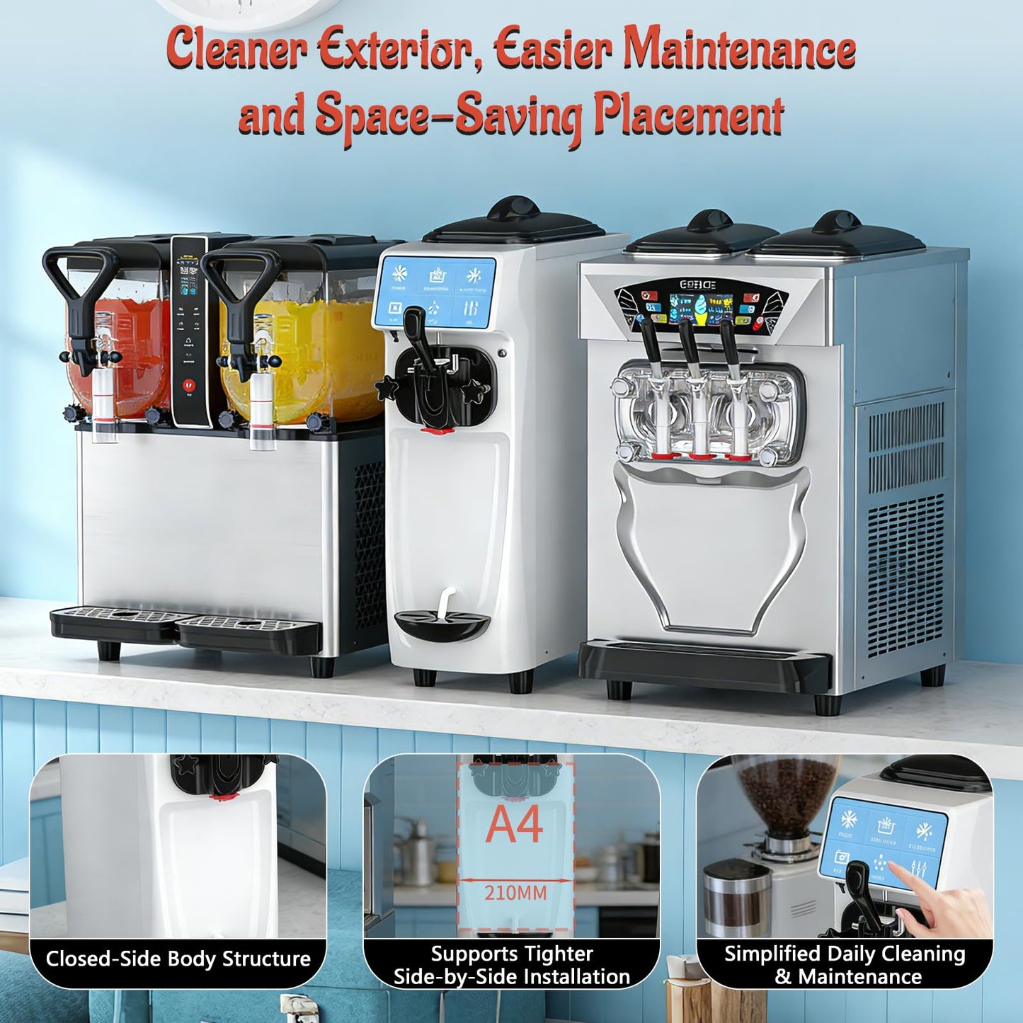 GSEICE Soft Serve Ice Cream Machine, 4 to 4.5 Gal/H Ice Cream Maker 7 Inch Screen Soft Serve Machine with Pre-Cooling & Fresh-Keeping, 6L Stainless Hopper, Enclosed Body for Home Party Café Store