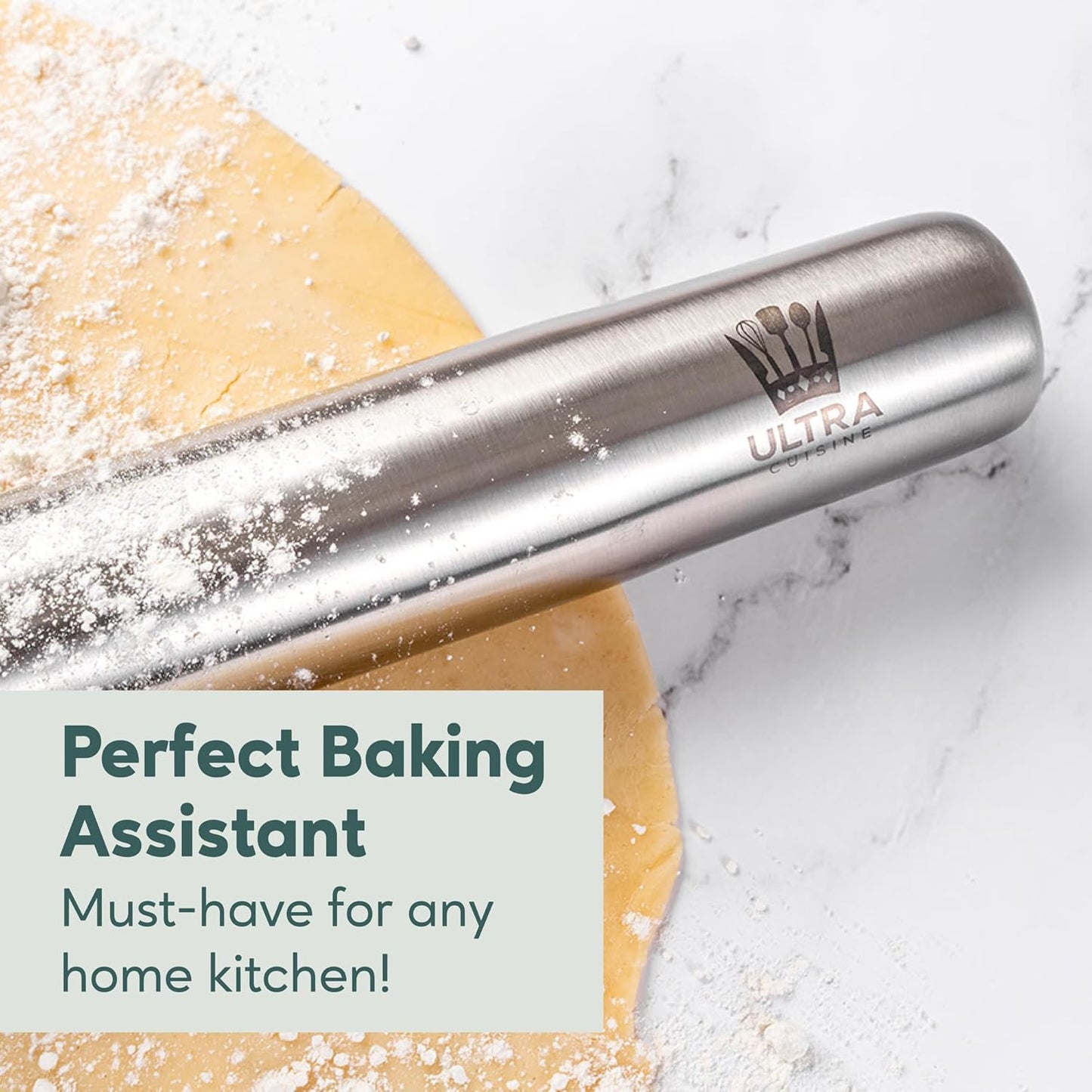 Ultra Cuisine French Rolling Pin - Tapered Design for Baking Pizza, Cookies & Pastry Dough | 15.75-Inch Stainless Steel