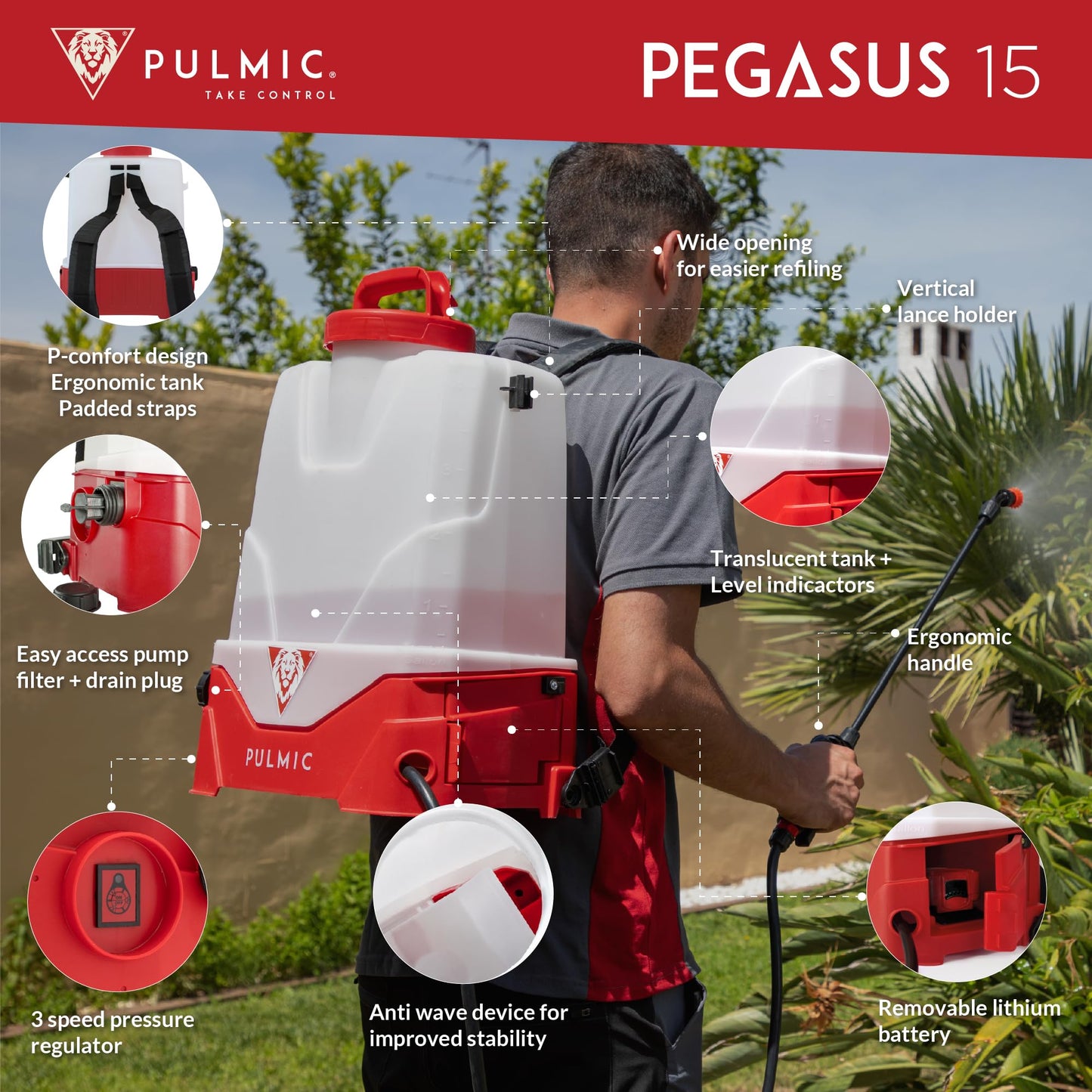 PULMIC Electric Backpack Sprayer 4 Gallon Battery Powered Sprayer for Lawn, Garden & Farm – Adjustable Pressure, High-Performance Sprayer Pump, Lithium Battery, Multi-Nozzle Kit, 7-Hour Autonomy.