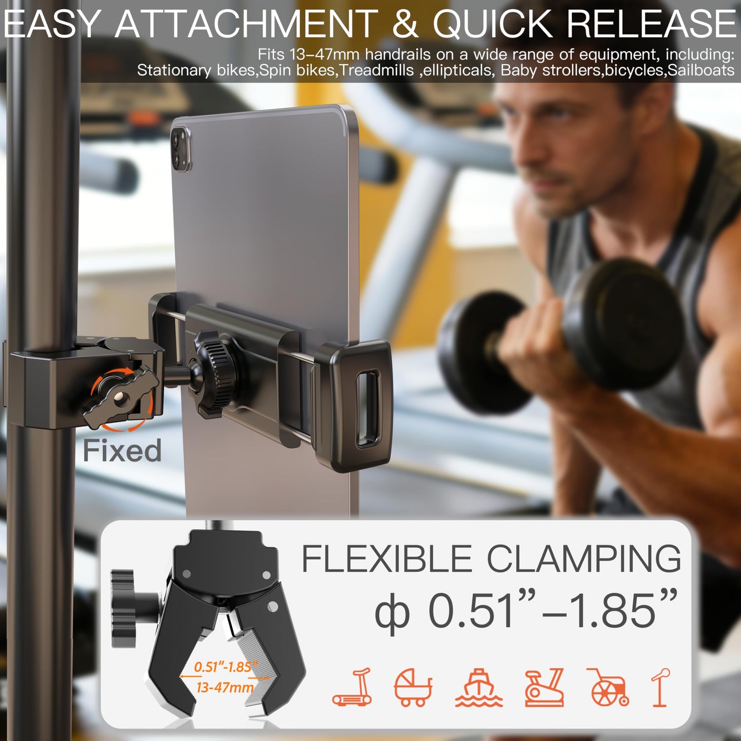VasSmtCPH Spin Bike Tablet Holder Super Crab Handlebar Climp Mount for Gym,Treadmill,Stroller,Handlebar,Shopping Cart,Golf Cart Compitable with 4.7~12.9" iPad Switch iPhone e-Reader