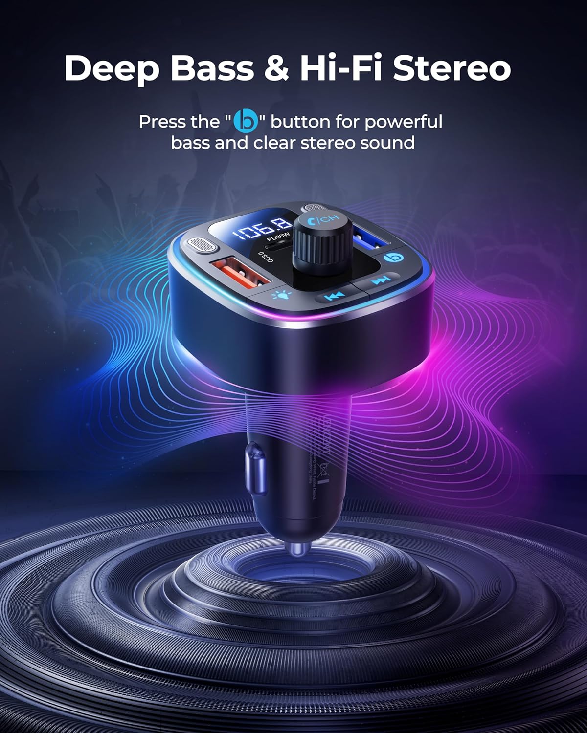 LENCENT 5.4 54W 2 Bluetooth Car Adapter FM Transmitter Fast Charging, Dual Mics, HiFi Bass Sound, Modes LED Backlit