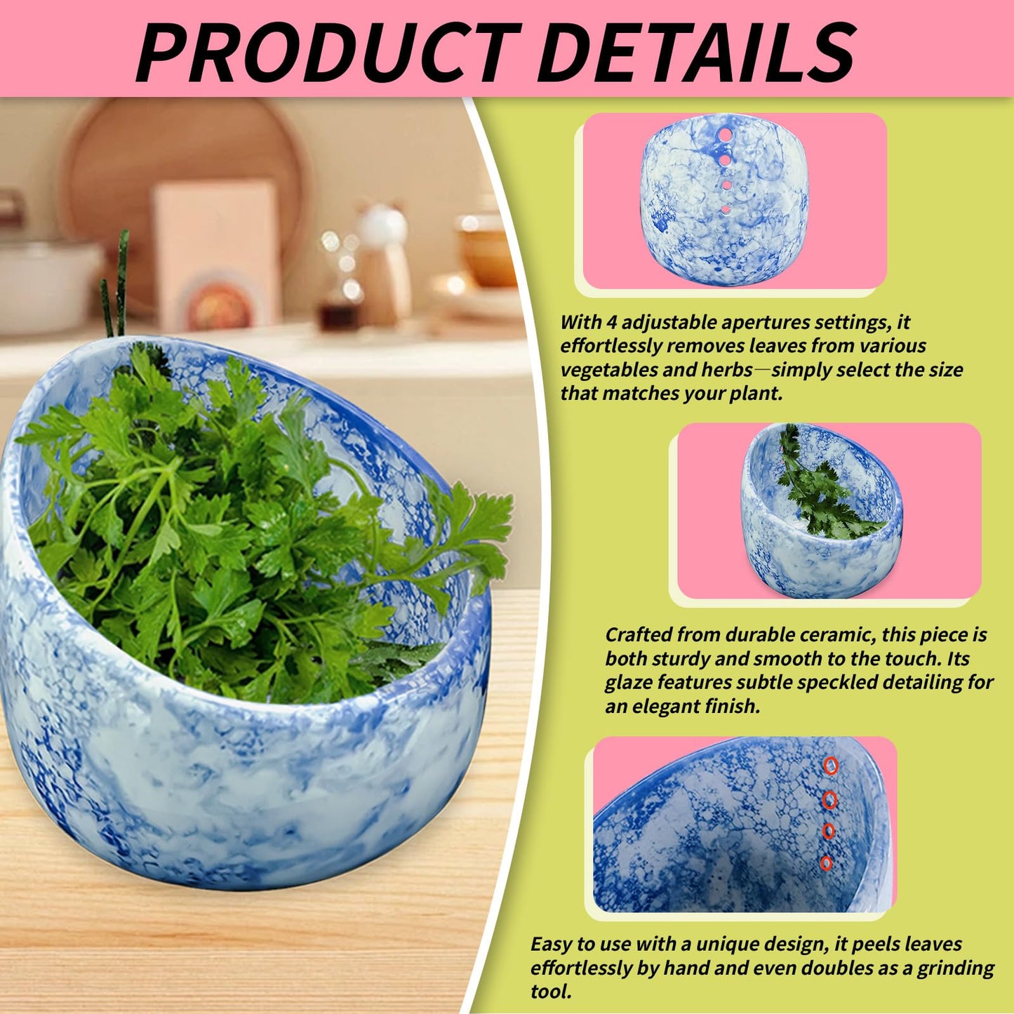 Pottery Herb Stripper,Herb Stripper，Herb Stripper Bowl Ceramic,Kitchen Herb Stripping Tool Efficient Leaf Removal Tool for Kale,Chard,Cilantro，Thyme, Basil, Parsley, Rosemary
