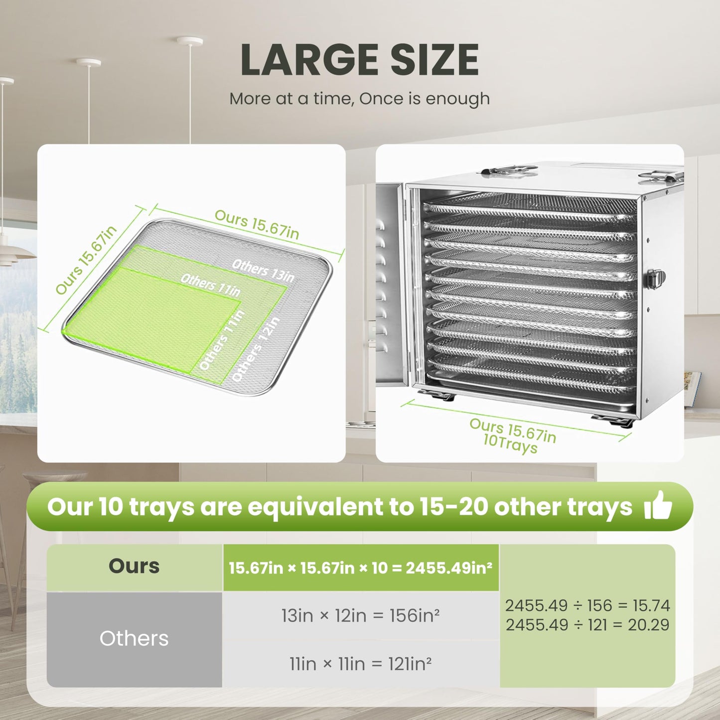 Commercial 10 Trays Food Dehydrator Machine for Jerky and Herbs Usable Area up to 24.65ft² and 194℉ Temperature 1000W Detachable Stainless Steel Dryer for Meat Fruit Mushrooms Beef Food Dark Silver