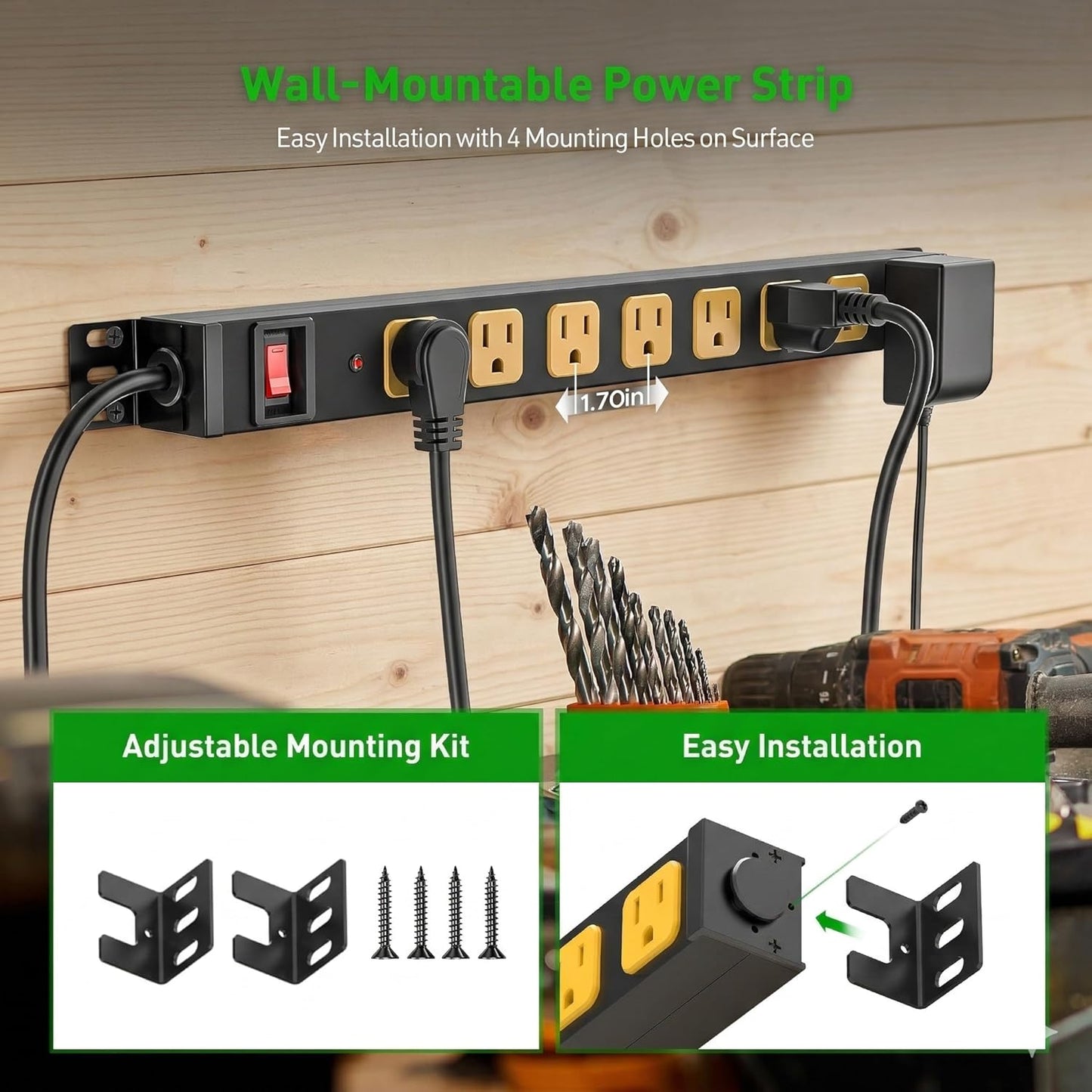 CRST 8 360 2100 15Amp/1875W 6FT 14AWG Outlet Heavy Duty Rotating Mountable Power Strip, Joules Surge Protector Power