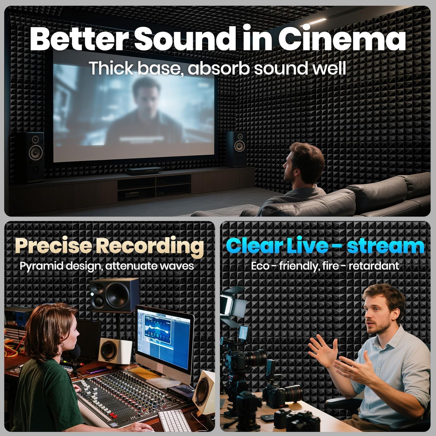 Focusound Acoustic Panels 24 Pack 2"x12"x12" with 120 PCS Double-Side Adhesive - Sound Proof Pyramid Foam for Walls, Home Studio Noise Absorption & Echo Control Kit