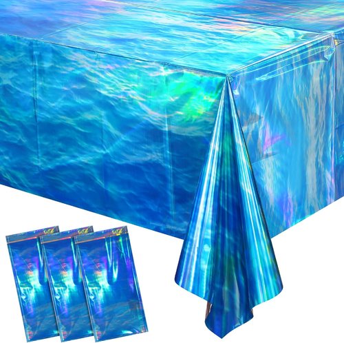 Iridescent Waves Tablecloths - Disposable Ocean Blue Rectangle Covers for Beach Party | 54 x 108 Inch