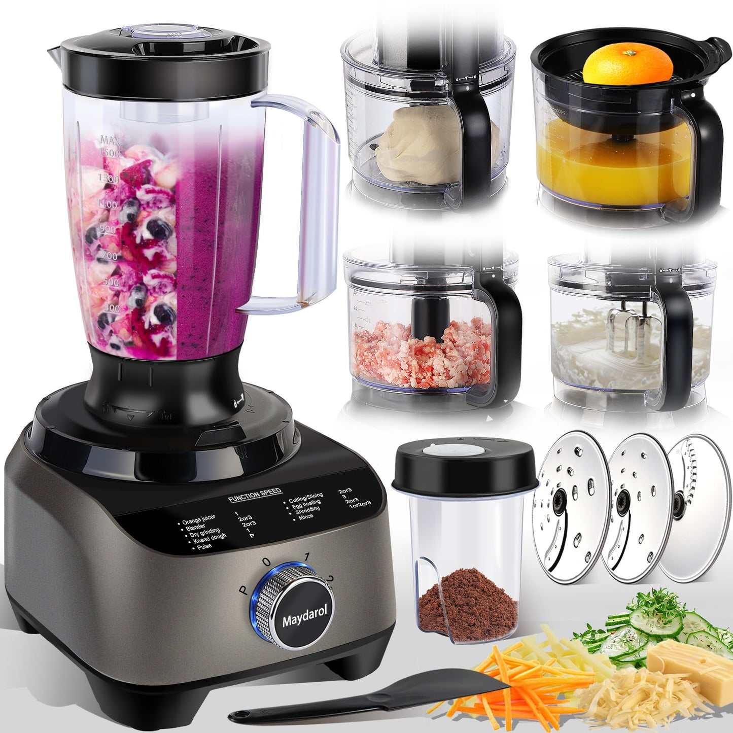 11 in 1 Food Processor Blender Combo,51oz Juice Blender, large Chute 14cup Food Processor,blenders kitchen for Chopping/Mixing/Mincing/Slicing/Shredding/Purees & Dough, safety lock 600W